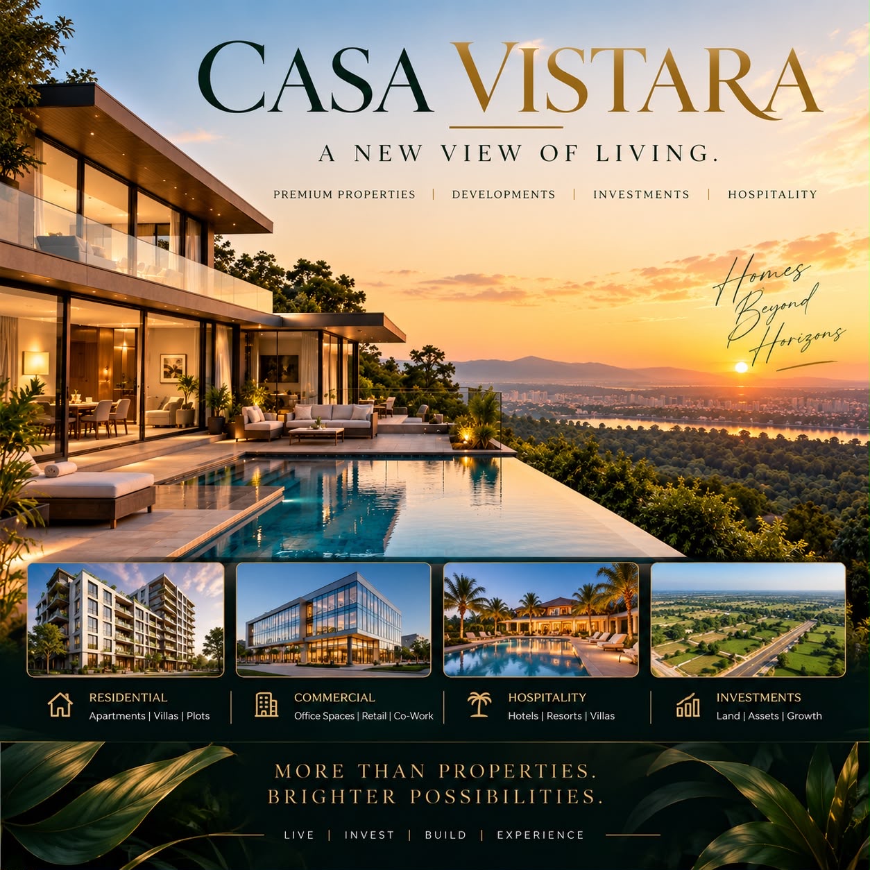Casa Vistara poster: a hillside villa with an infinity pool at sunset, titled A new view of living